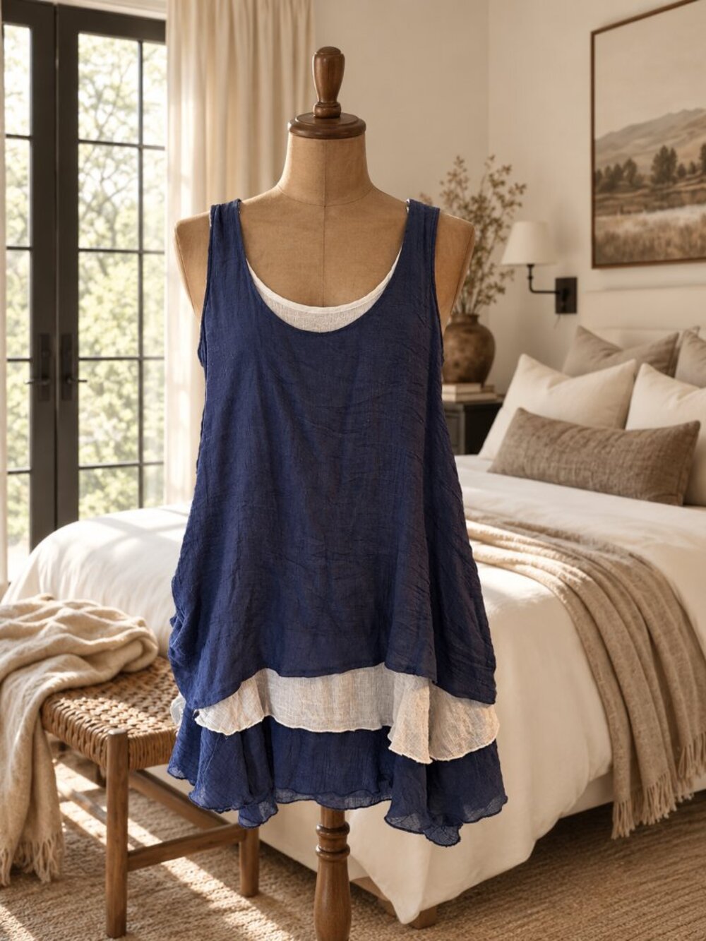 Papillon Ladies XL Navy White sleeveless layered tunic